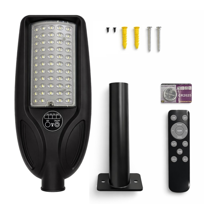 LED regulējama saules darbināma ielu lampa ar sensoru VENICE LED/50W/3,2V 4000 mAh IP65 melna + tālvadības pults