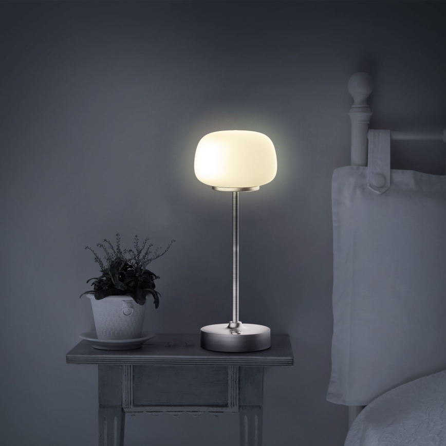 LED Aptumšojama skārienvadāma galda lampa RIMINI LED/2W/5V USB 2000 mAh matēts hroms/balta