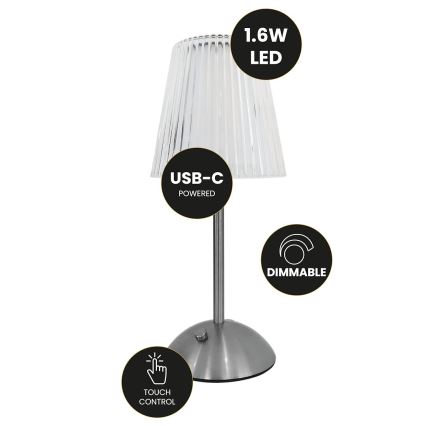 LED Aptumšojama skārienvadāma uzlādējama galda lampa ELBA LED/1,6W/800 mAh matēts hroms/caurspīdīga
