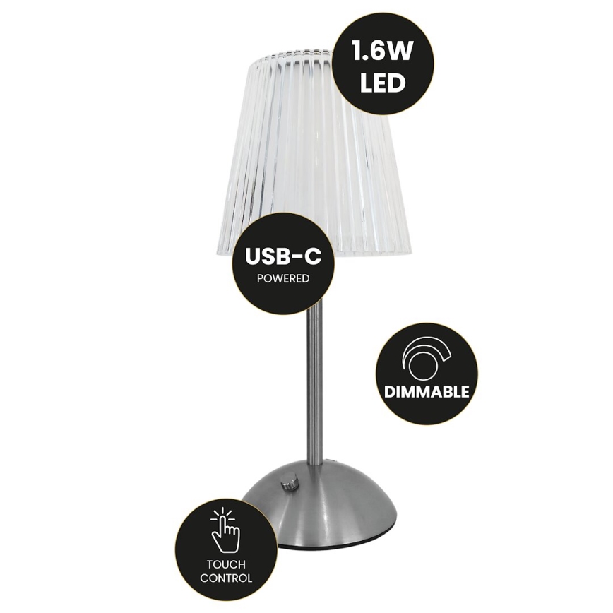 LED Aptumšojama skārienvadāma uzlādējama galda lampa ELBA LED/1,6W/800 mAh matēts hroms/caurspīdīga