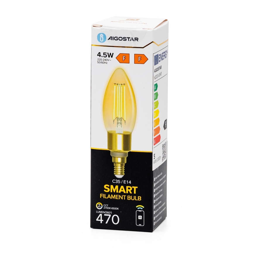 LED Aptumšojama spuldze FILAMENT C35 E14/4,5W/230V 2700-6500K Wi-Fi - Aigostar