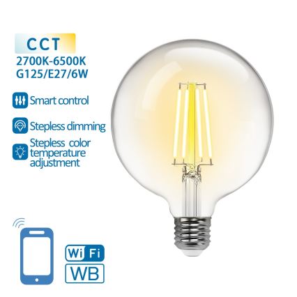 LED Aptumšojama spuldze FILAMENT G125 E27/6W/230V 2700-6500K Wi-Fi - Aigostar