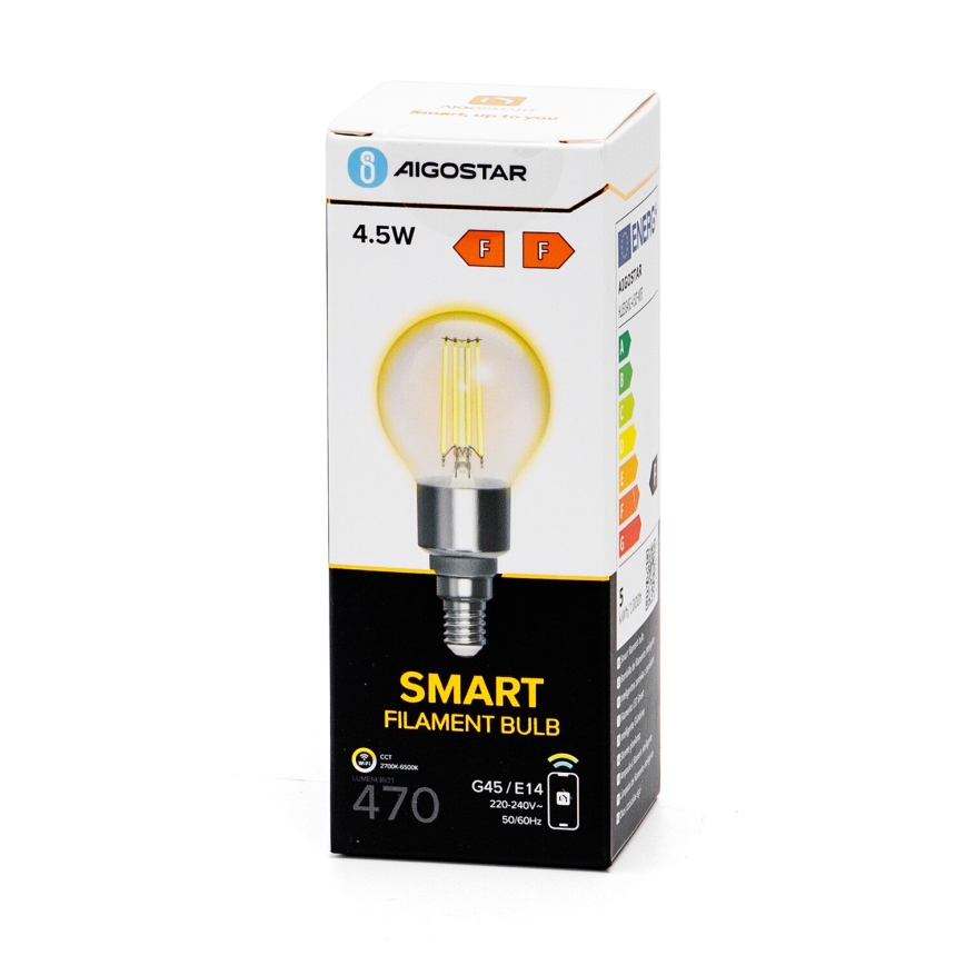 LED Aptumšojama spuldze FILAMENT G45 E14/4,5W/230V 2700-6500K Wi-Fi - Aigostar