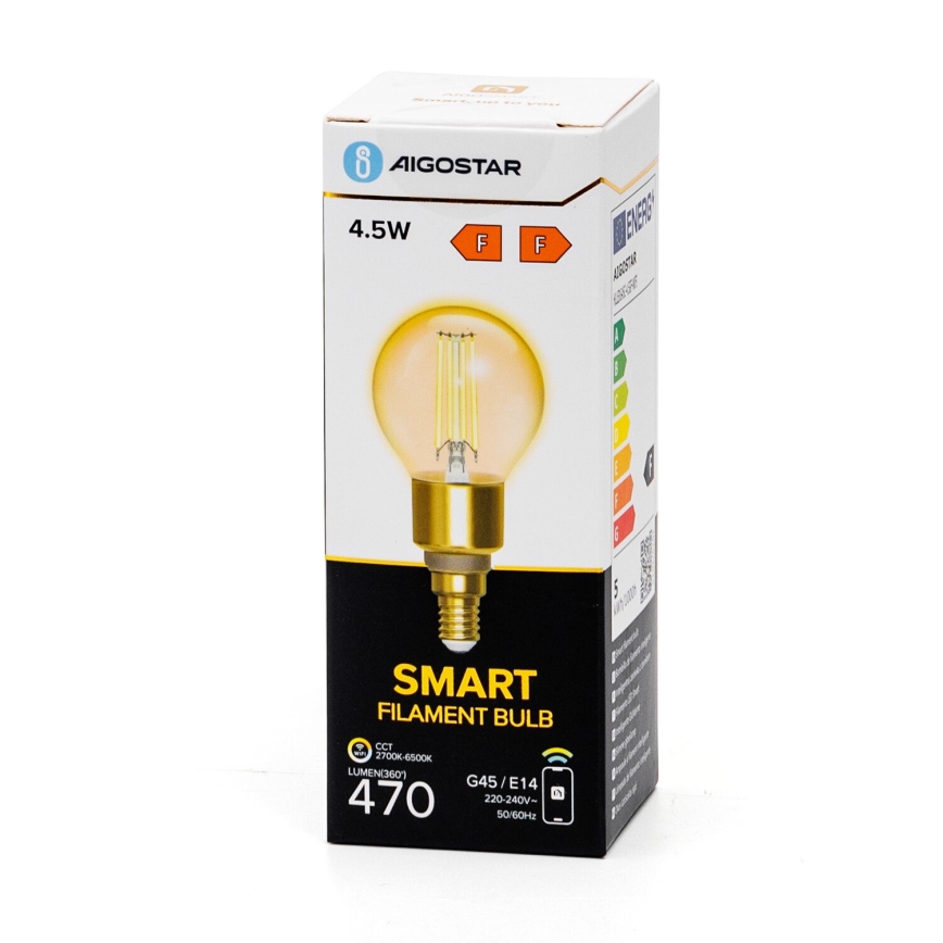 LED Aptumšojama spuldze FILAMENT G45 E14/4,5W/230V 2700-6500K Wi-Fi - Aigostar