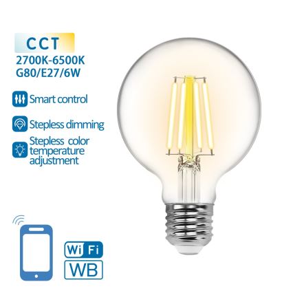 LED Aptumšojama spuldze FILAMENT G80 E27/6W/230V 2700-6500K Wi-Fi - Aigostar