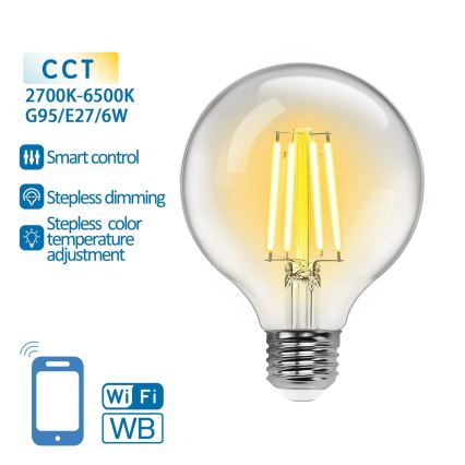 LED Aptumšojama spuldze FILAMENT G95 E27/6W/230V 2700-6500K Wi-Fi - Aigostar