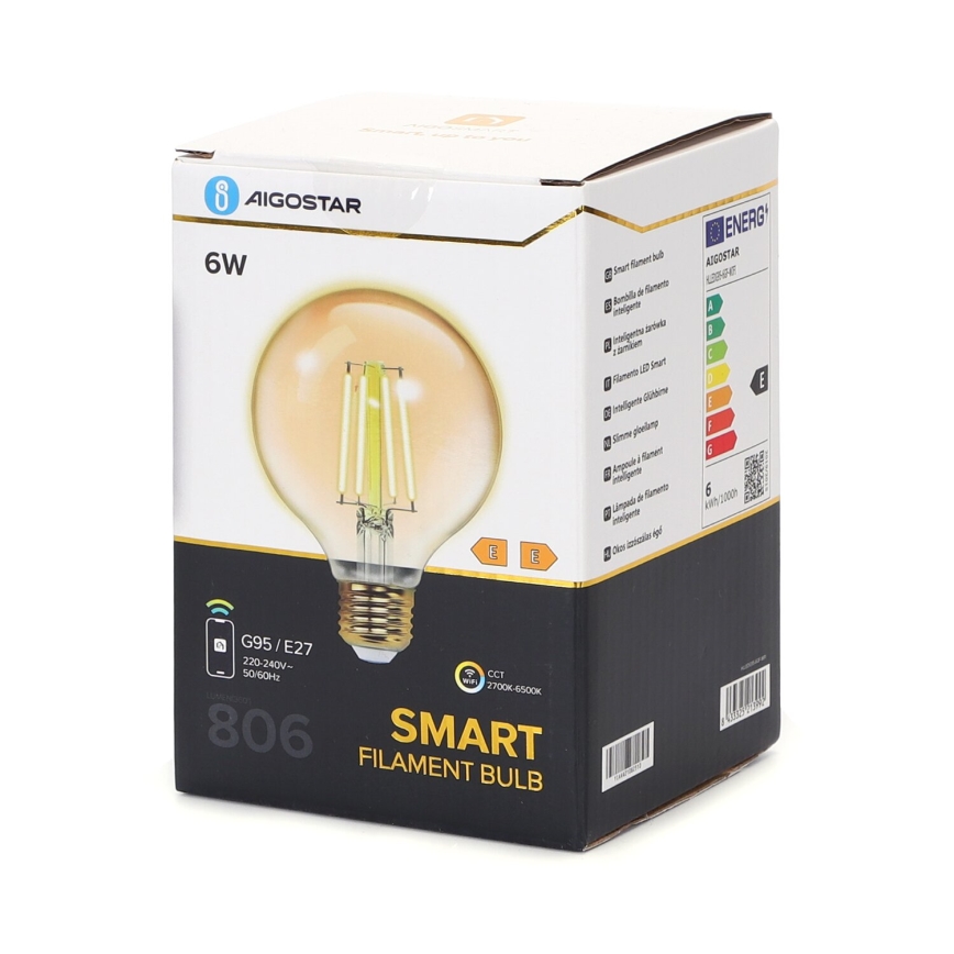 LED Aptumšojama spuldze FILAMENT G95 E27/6W/230V 2700-6500K Wi-Fi - Aigostar