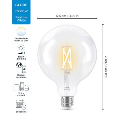 LED Aptumšojama spuldze FILAMENT G125 E27/7W/230V 2700-6500K CRI 90 Wi-Fi - WiZ