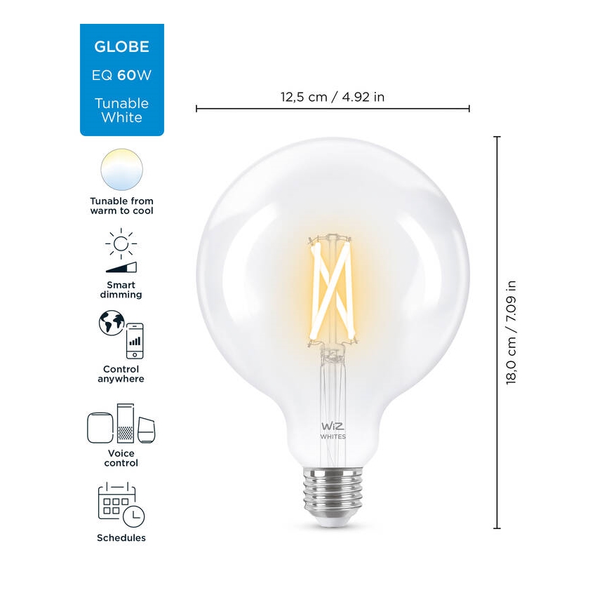 LED Aptumšojama spuldze FILAMENT G125 E27/7W/230V 2700-6500K CRI 90 Wi-Fi - WiZ