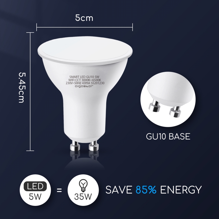 LED Aptumšojama spuldze GU10/5W/230V 3000-6500K Wi-Fi - Aigostar