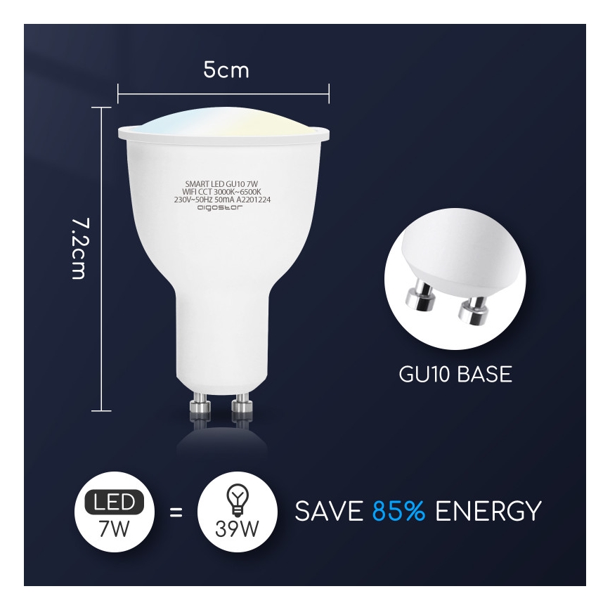 LED Aptumšojama spuldze GU10/7W/230V 3000-6500K Wi-Fi - Aigostar