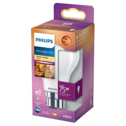 LED Aptumšojama spuldze Philips Warm Glow A60 B22/7,2W/230V 2200-2700K CRI 90
