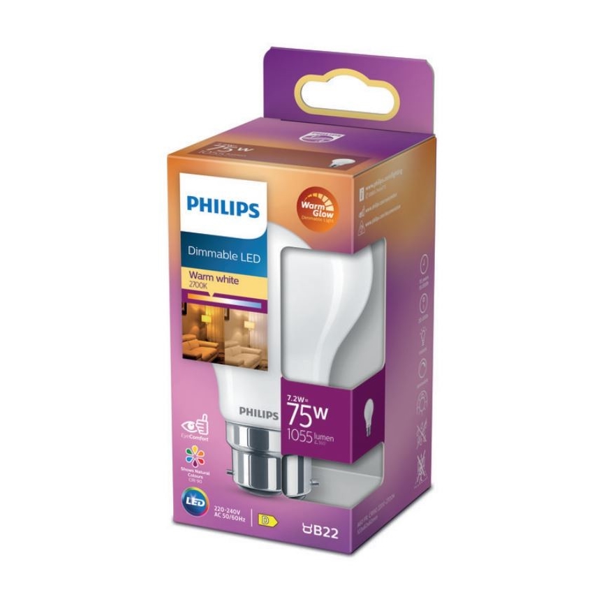 LED Aptumšojama spuldze Philips Warm Glow A60 B22/7,2W/230V 2200-2700K CRI 90
