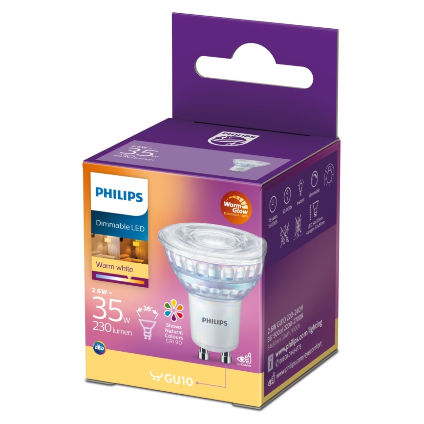 LED Aptumšojama spuldze Philips Warm Glow GU10/2,6W/230V 2200-2700K CRI 90