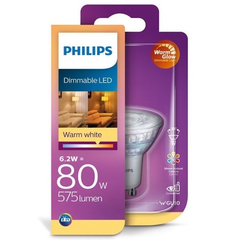 LED Aptumšojama spuldze Philips Warm Glow  GU10/6,2W/230V 2200-2700K CRI 90