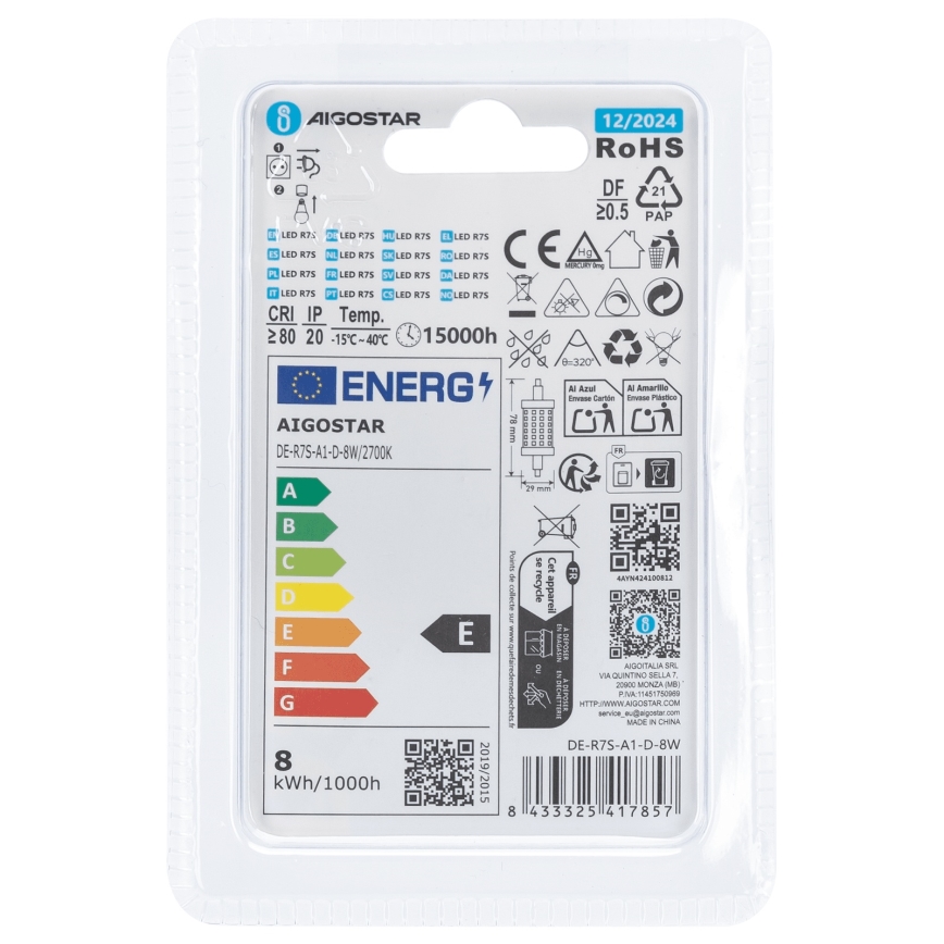 LED Aptumšojama spuldze R7s/8W/230V 2700K - Aigostar