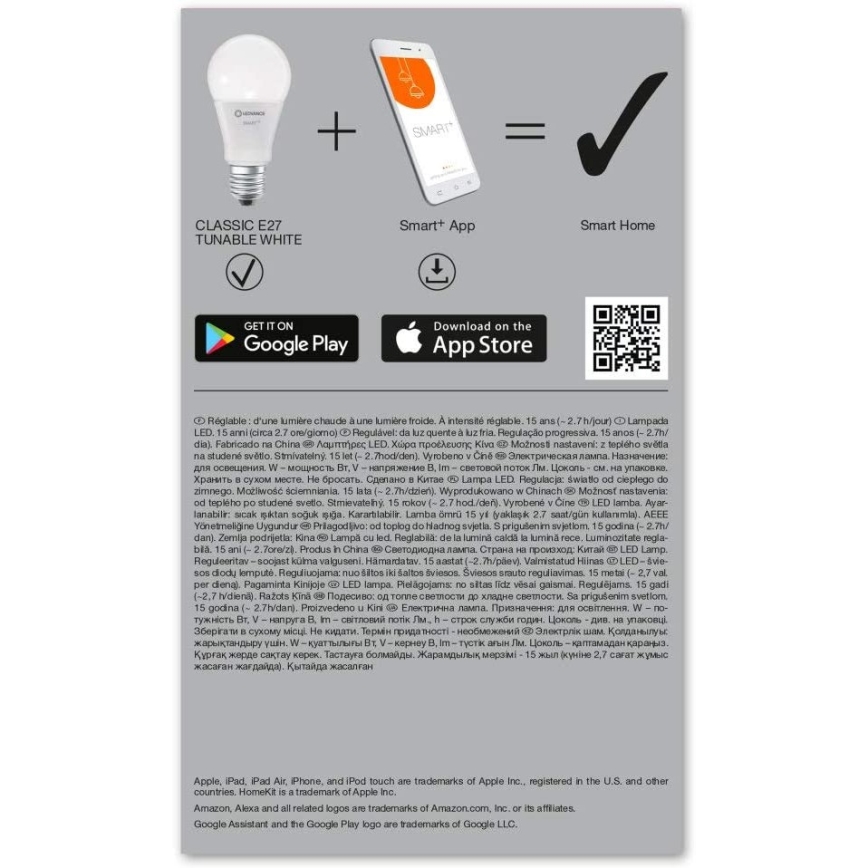 LED Aptumšojama spuldze SMART+ E27/9.5W/230V 2,700K-6,500K Wi-Fi - Ledvance