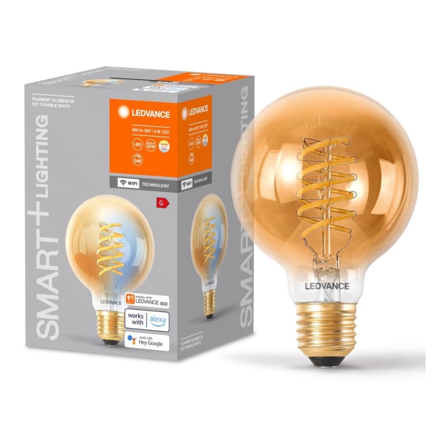 LED Aptumšojama spuldze SMART+ FILAMENT GLOBE G80 E27/8W/230V 2200-5000K Wi-Fi - Ledvance