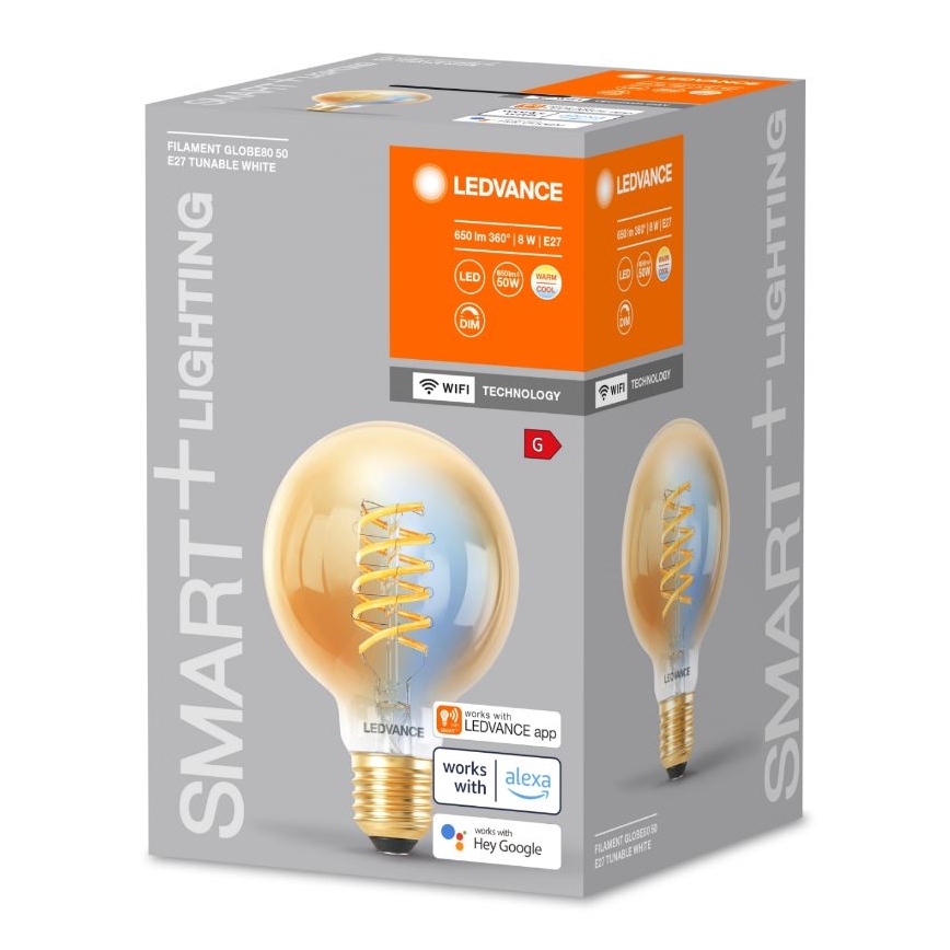 LED Aptumšojama spuldze SMART+ FILAMENT GLOBE G80 E27/8W/230V 2200-5000K Wi-Fi - Ledvance