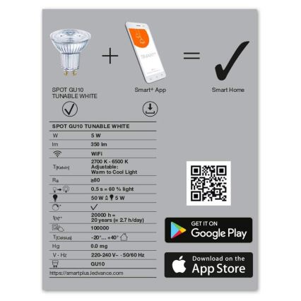 LED Aptumšojama spuldze SMART+ GU10/5W/230V 2,700K-6,500K Wi-Fi - Ledvance