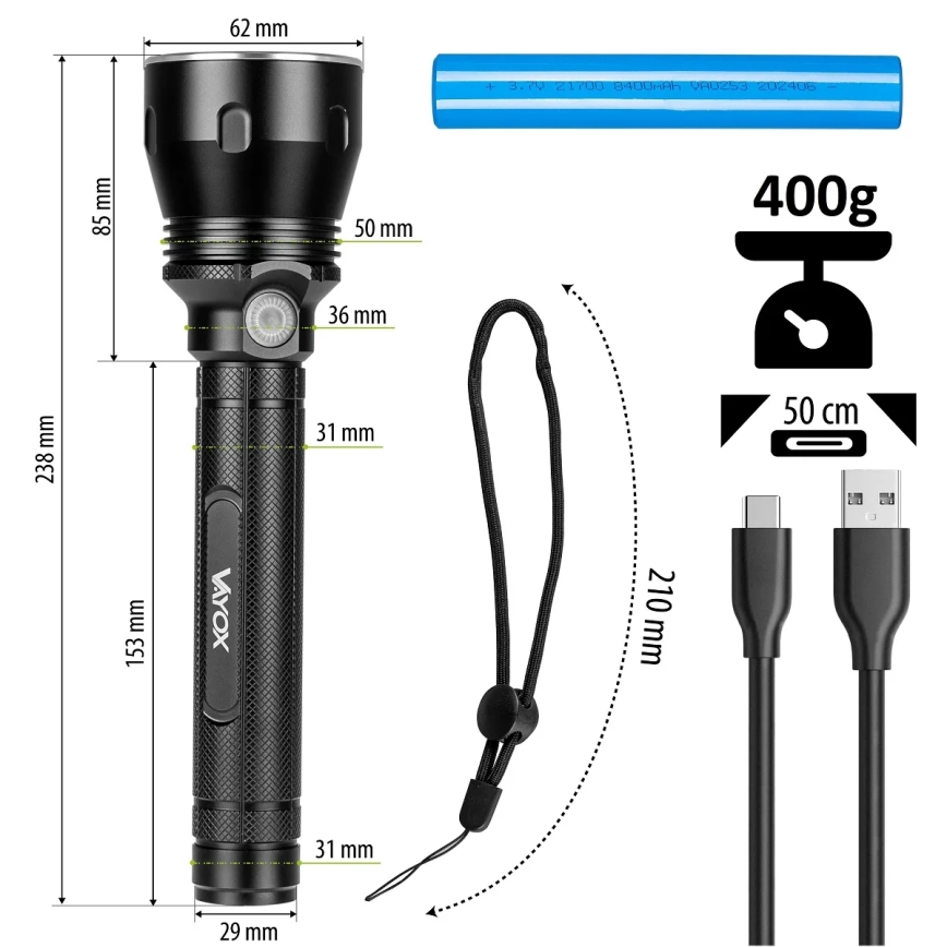 LED Aptumšojama uzlādējams lukturītis LED/20W/5V IPX5 1570 spīdīgs 8400 mAh