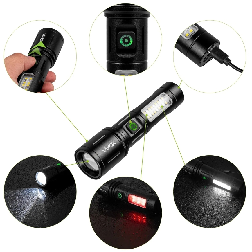 LED Aptumšojama uzlādējams lukturītis ar sarkana lampa LED/5W/5V IPX4 260 spīdīgs 2000 mAh