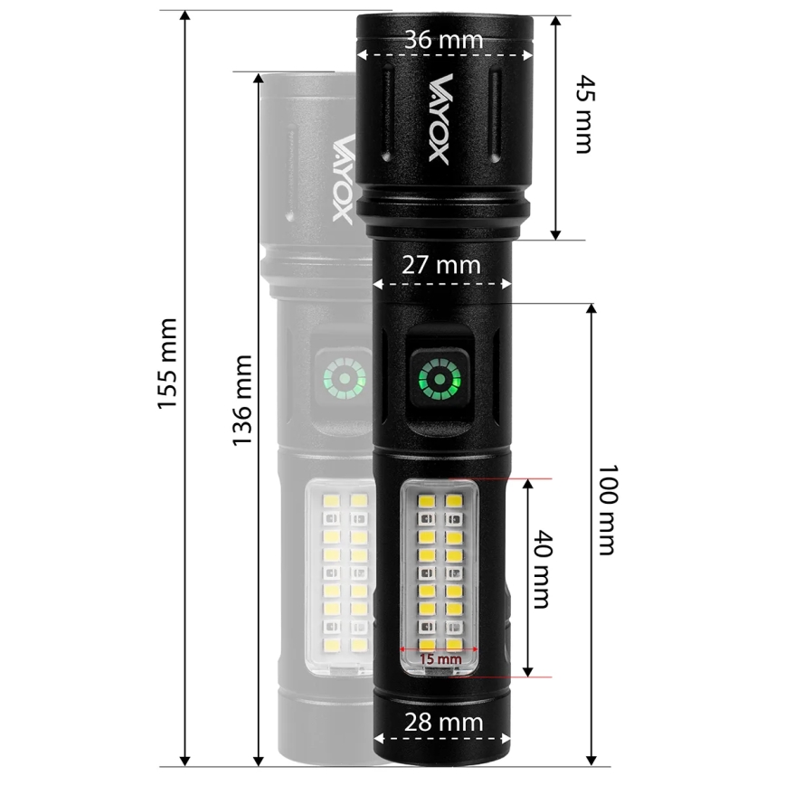 LED Aptumšojama uzlādējams lukturītis ar sarkana lampa LED/5W/5V IPX4 260 spīdīgs 2000 mAh