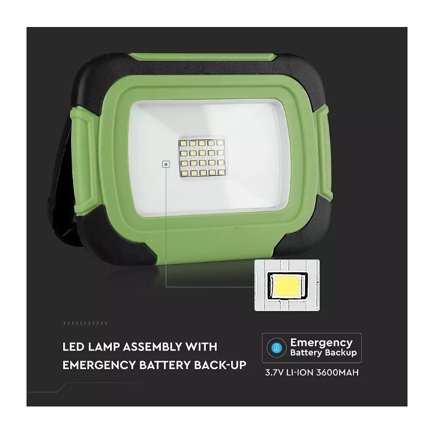 LED Aptumšojama uzlādējams Prožektors SAMSUNG CHIP + funkcija SOS LED/10W/3,7V/USB IP44 4000K 3600 mAh zaļa