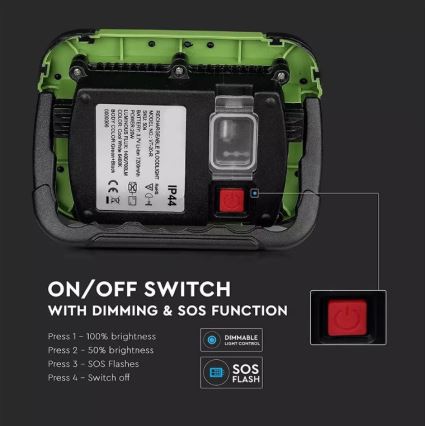 LED Aptumšojama uzlādējams Prožektors SAMSUNG CHIP + funkcija SOS LED/10W/3,7V/USB IP44 4000K 3600 mAh zaļa