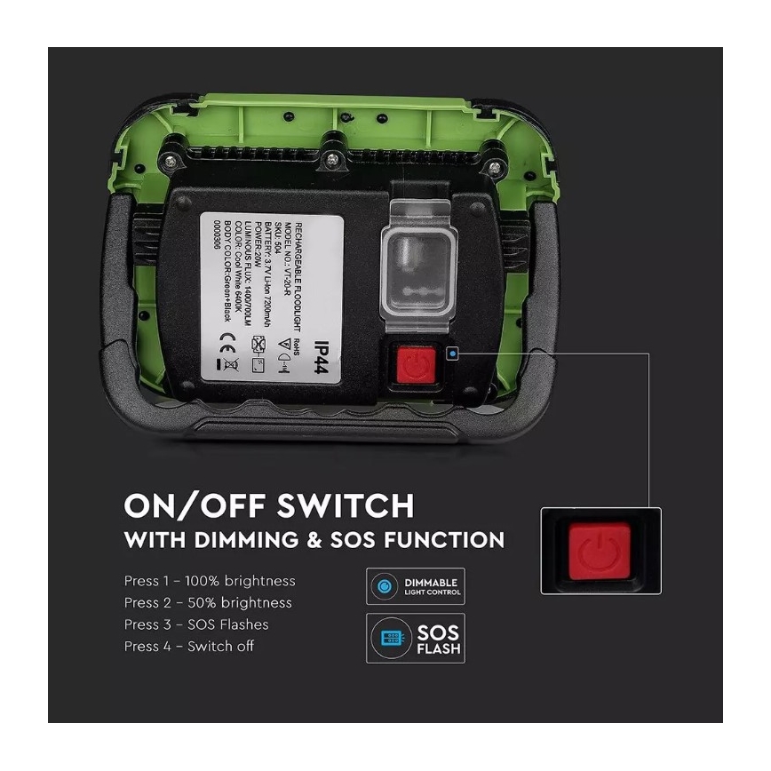 LED Aptumšojama uzlādējams Prožektors SAMSUNG CHIP + funkcija SOS LED/10W/3,7V/USB IP44 4000K 3600 mAh zaļa