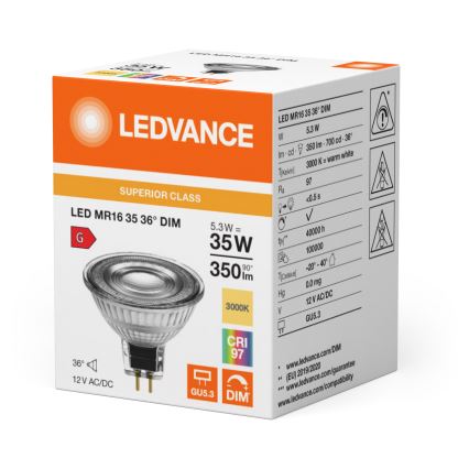 LED regulējama reflektora spuldze MR16 GU5,3/5,3W/12V 3000K 36° CRI 97 - Ledvance