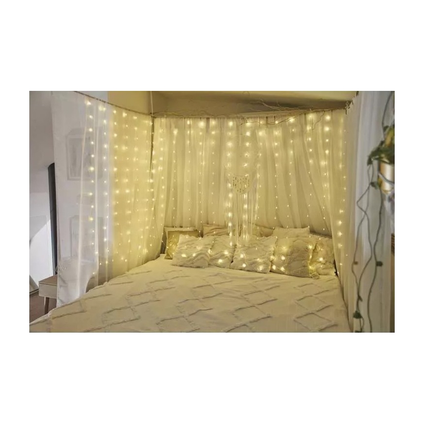 LED āra gaismas virtene 300xLED/8 funkcijas 5,9 m IP44 silti balta