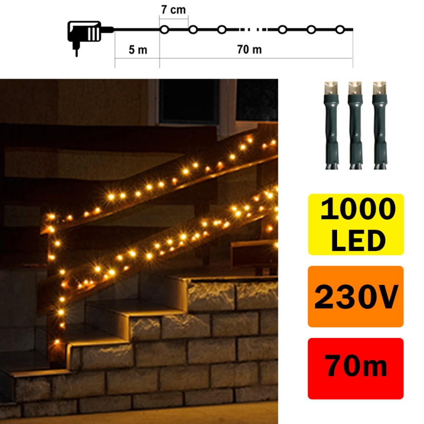 LED Āra lampiņu virtene 70m 1000xLED/0,06W/230V silti balta IP44