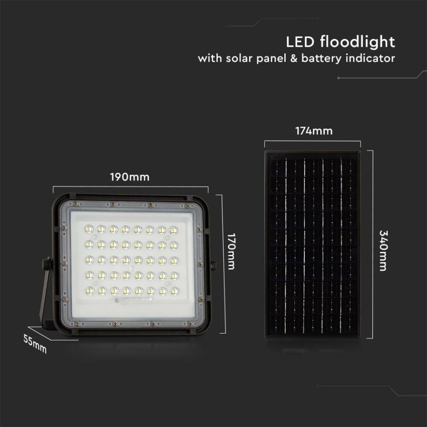 LED Āra aptumšojama saules enerģijas Prožektors LED/10W/3,2V IP65 4000K 6000 mAh melna + tālvadības pults