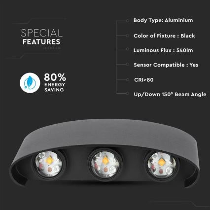 LED Āra sienas gaismeklis 6xLED/6W/230V IP5 IP54 4000K melns