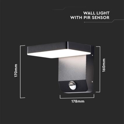 LED Āra sienas locāma lampa ar sensoru LED/17W/230V IP65 3000K melna