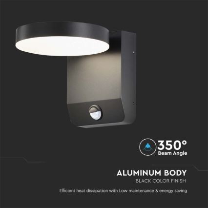 LED Āra sienas locāma lampa ar sensoru LED/17W/230V IP65 4000K melna