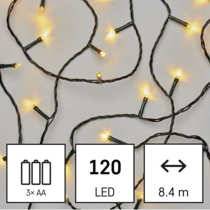 LED āra virtene 120xLED/3xAA, 8,9 m, IP44, siltā balta