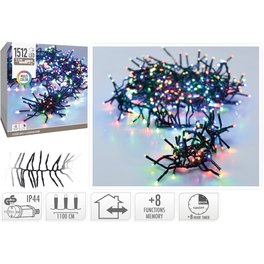 LED āra Ziemassvētku virtene 1512xLED/230V/8 režīmi 14 m IP44 daudzkrāsaina