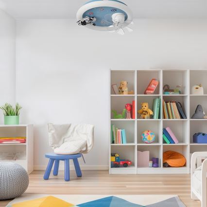 LED bērnu griestu lampa ar ventilatoru un regulējamu spilgtumu, LED/48W/230V, 3000/4000/6000K, Ø 50 cm, zila + tālvadības pults