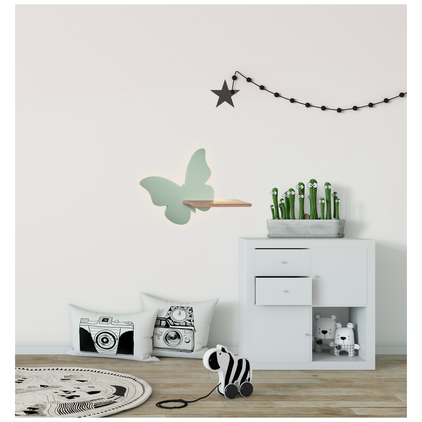 LED Bērnu sienas lampa ar plauktu BUTTERFLY LED/5W/230V zaļa/koks - FSC sertifikāts