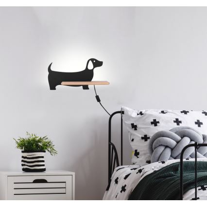 LED Bērnu sienas lampa ar plauktu DOG LED/5W/230V melna/koks - FSC sertifikāts