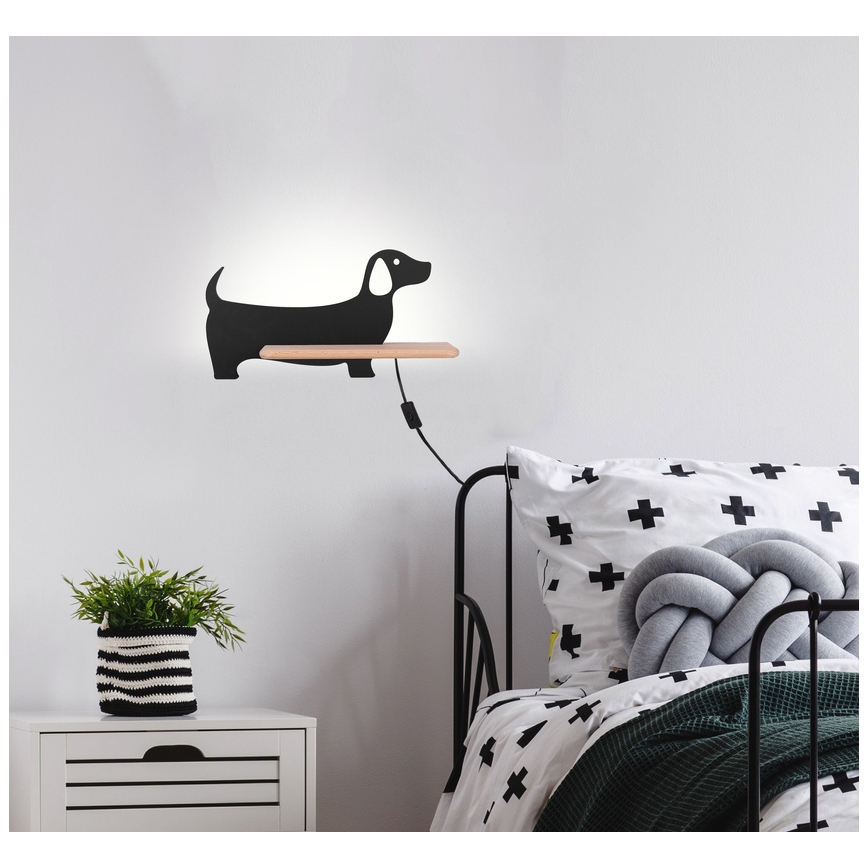 LED Bērnu sienas lampa ar plauktu DOG LED/5W/230V melna/koks - FSC sertifikāts