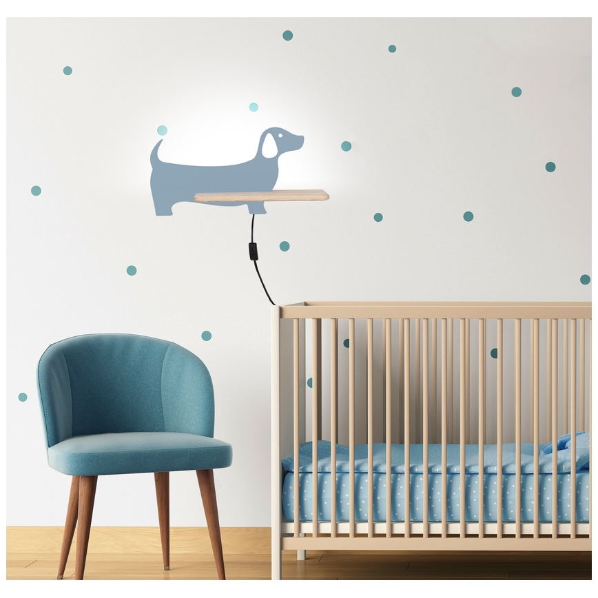 LED Bērnu sienas lampa ar plauktu DOG LED/5W/230V zila/koks - FSC sertifikāts