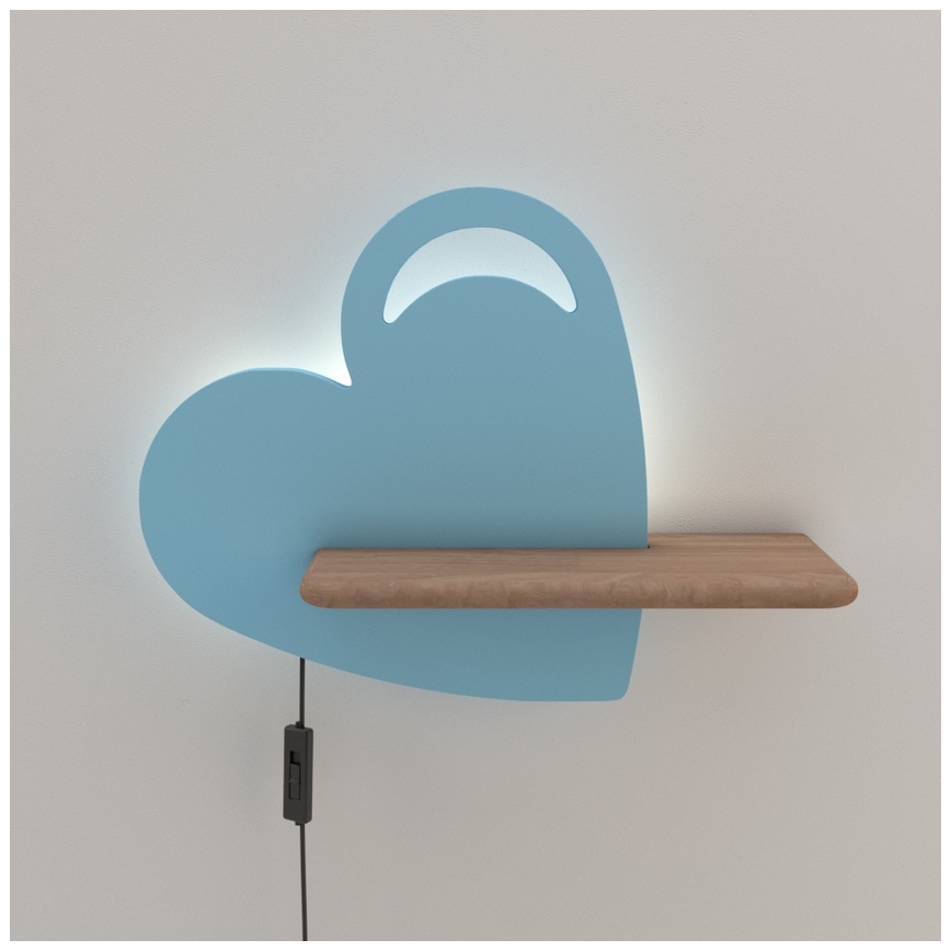 LED Bērnu sienas lampa ar plauktu HEART LED/5W/230V zila/koks - FSC sertifikāts