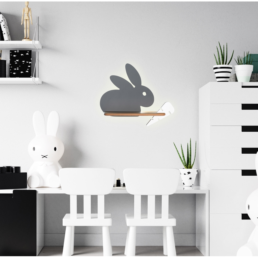 LED Bērnu sienas lampa ar plauktu RABBIT LED/4W/230V pelēka/balta/koks - FSC sertifikāts