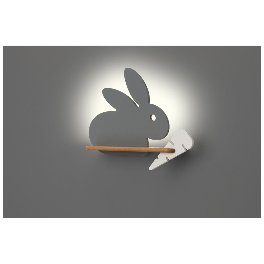LED Bērnu sienas lampa ar plauktu RABBIT LED/4W/230V pelēka/balta/koks - FSC sertifikāts