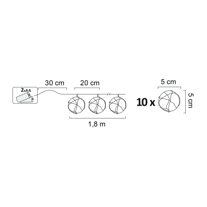 LED Dekoratīva virtene AHNE 10xLED/2xAA 2,1 m silti balta