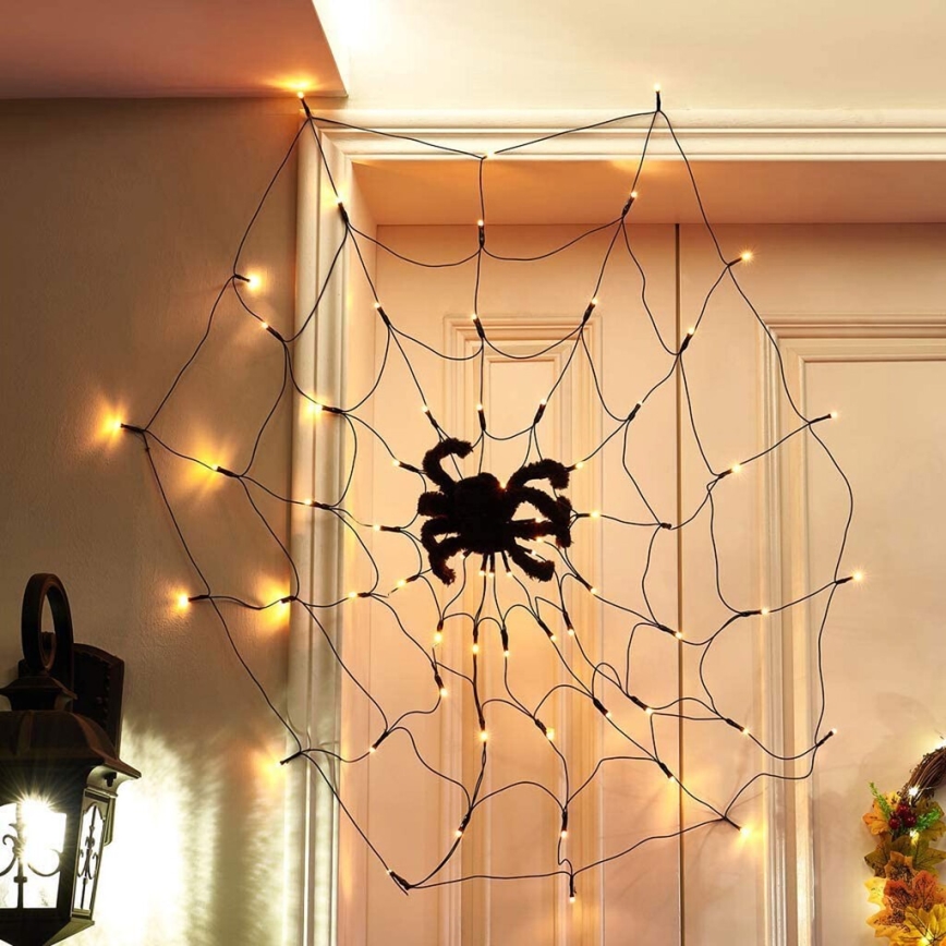LED Dekoratīva virtene HALLOWEEN LED/5V/8 funkcijas zirnekļa tīkls + tālvadības pults