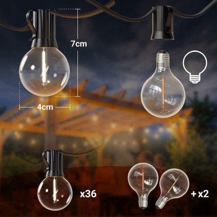 LED regulējams āra dekoratīvais gaismas virtenis 36xE12/1W/24/230V 22,35 m IP65 melns + ar tālvadības pulti